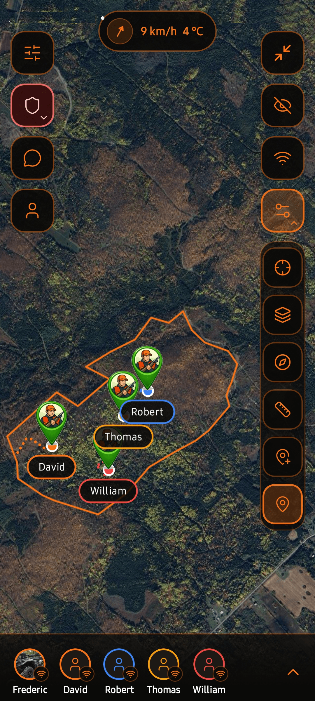 The HuntBros app showing the live hunting map with crew positions